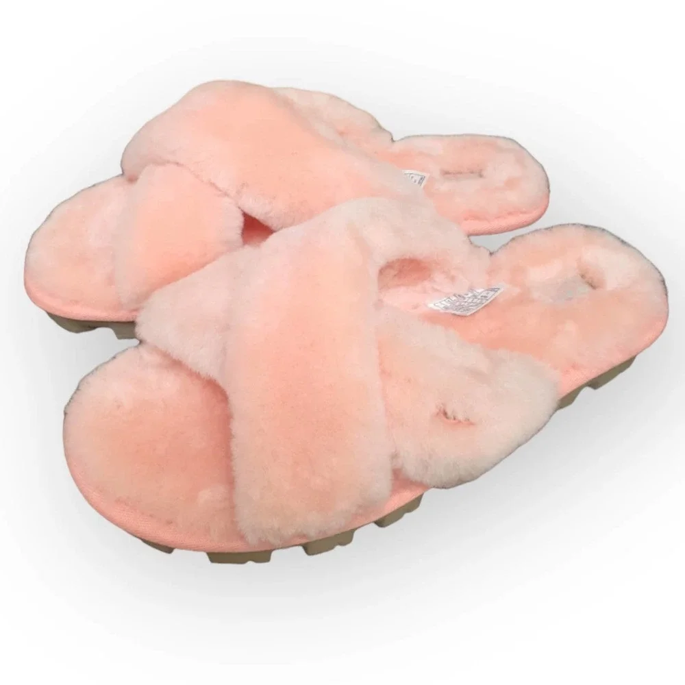 Ugg Fuzzette Beverly Pink Criss Cross Strap Fur Slippers Size 5 - Picture 2 of 12